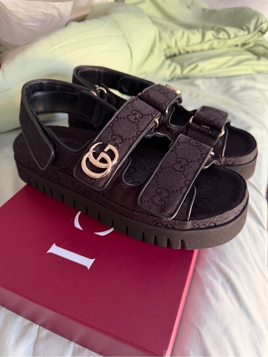 Gucci Shoes - Gucci Black GG Canvas Platform Sandals with Gold Double G